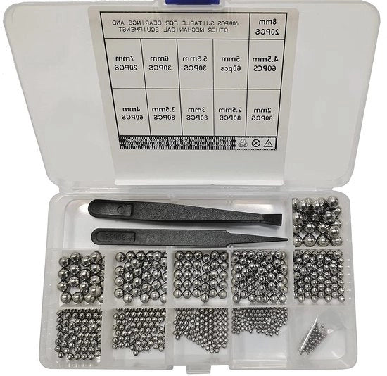 600 pezzi 201 RVs palle in acciaio 11 misure 2-8mm kit di pulizia per palle con 2 pinze