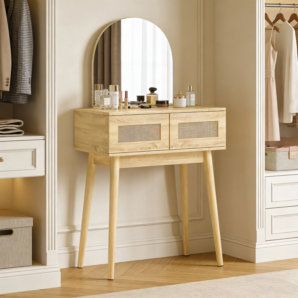 Tocador con Specchio Arcuato e 2 Cassetti ¨C zephmum ¨C Legno Naturale con Frontale in Rattan