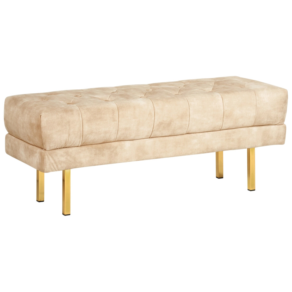Panca Beige Tessuto imbottito Velluto Accento di metallo Gambe d'oro Panca da letto Sgabello