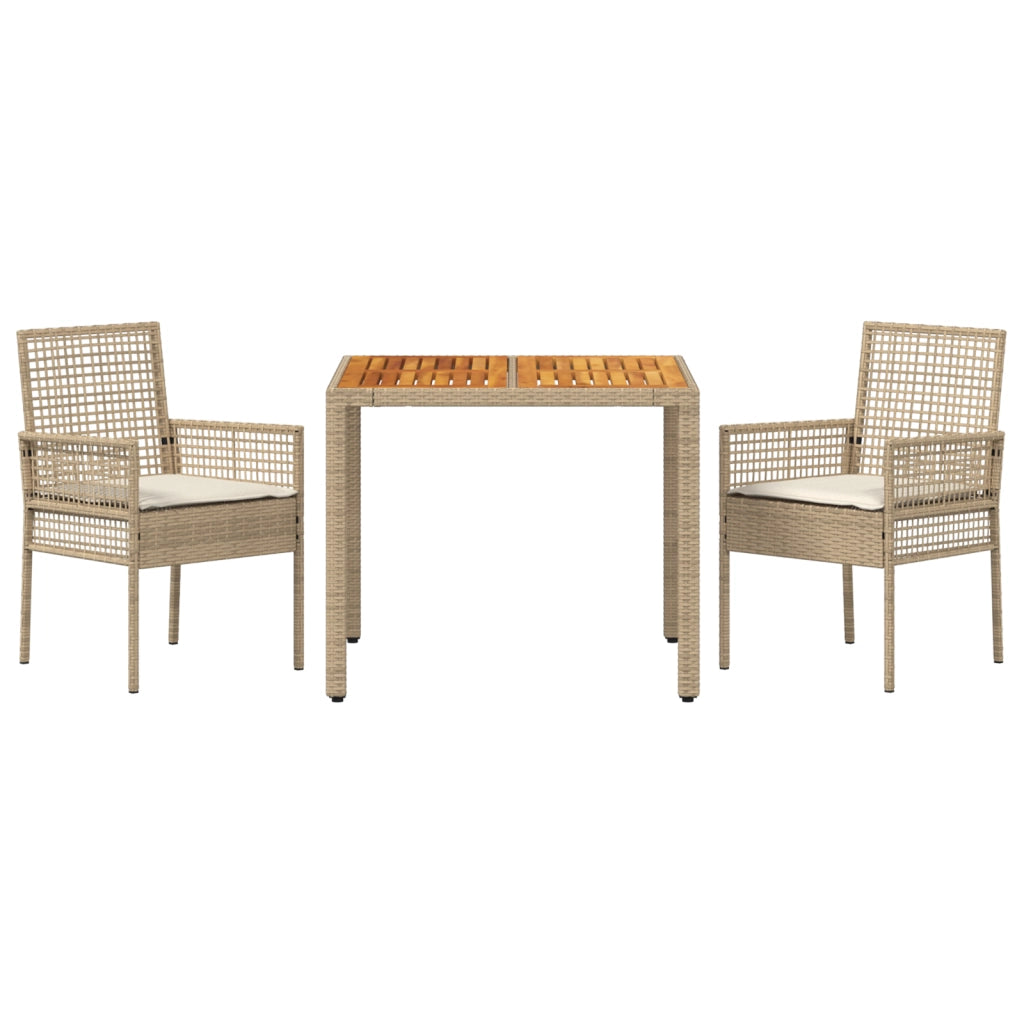 Set da pranzo da giardino 3 pezzi con cuscini beige polyrattan