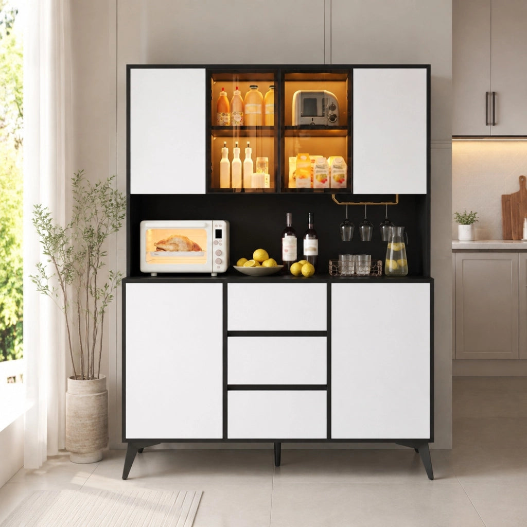 Credenza alta con 6 ante e 3 cassetti, LED, per sala da pranzo, 120×40×160 cm