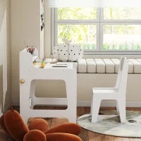 Scrivania e Sedia per Bambini con 2 Cassetti, Ripiano Superiore e Porta-bicchieri, 62,8x55,6x73,8 cm, Bianco