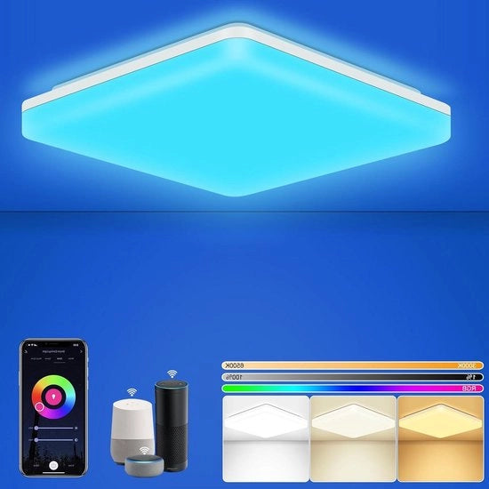 Lampada da soffitto per bagno - Lampada da soffitto per bagno con cambiamento di colore RGB regolabile, 15 W, 1500 lm, Wi-Fi con controllo remoto a distanza tramite app, IP54, compatibile con Alexa