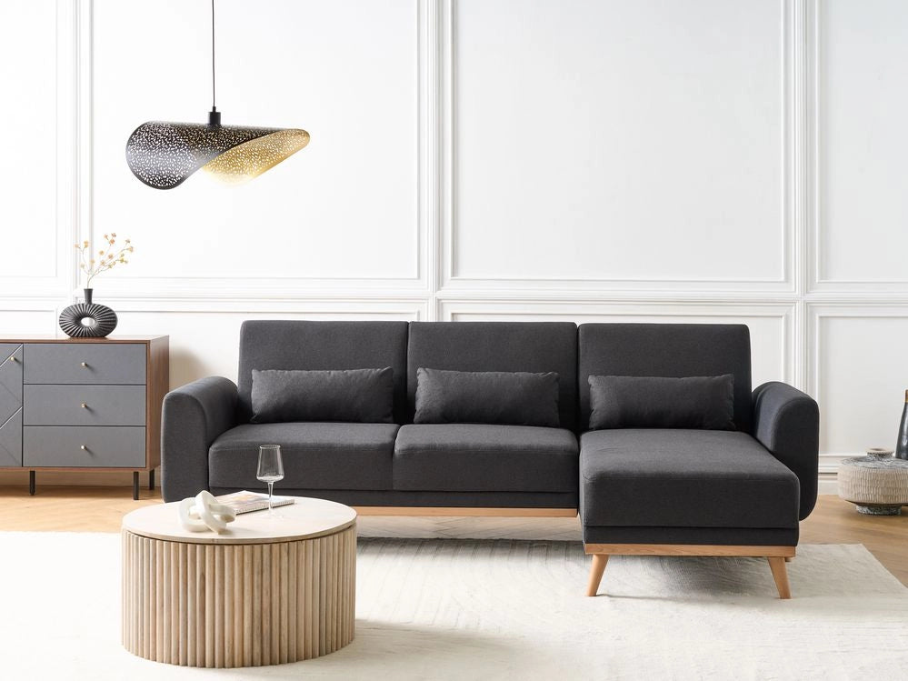 Divano letto ad angolo Rivestimento nero in tessuto poliestere Gambe in legno chiaro Cuscini Design moderno