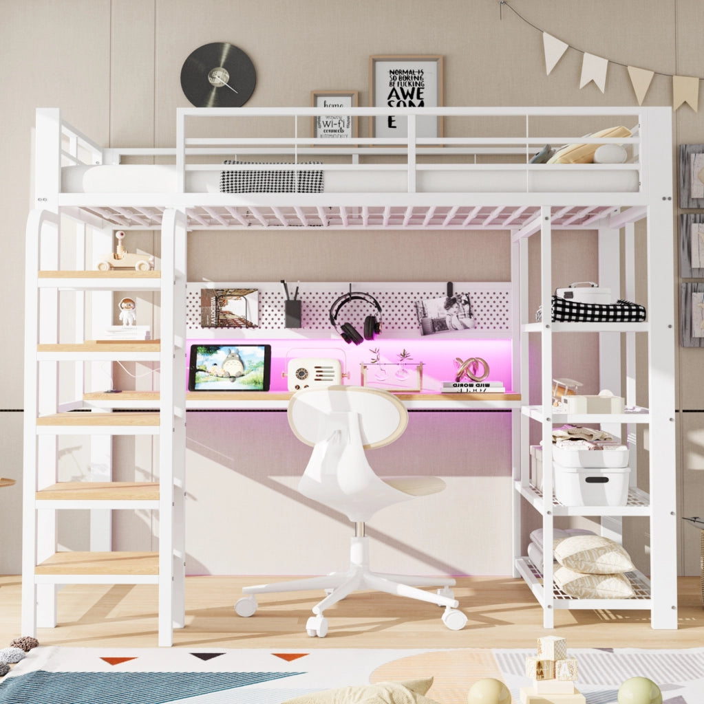 Letto a soppalco in metallo 90x200 cm con LED; scrivania e prese; bianco