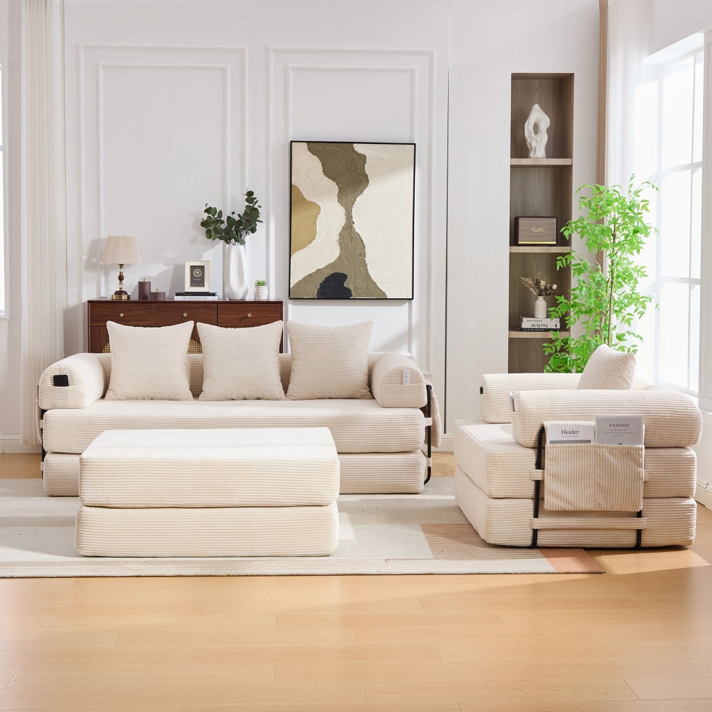 Divano modulare in velluto a coste beige con struttura in metallo e tasca laterale