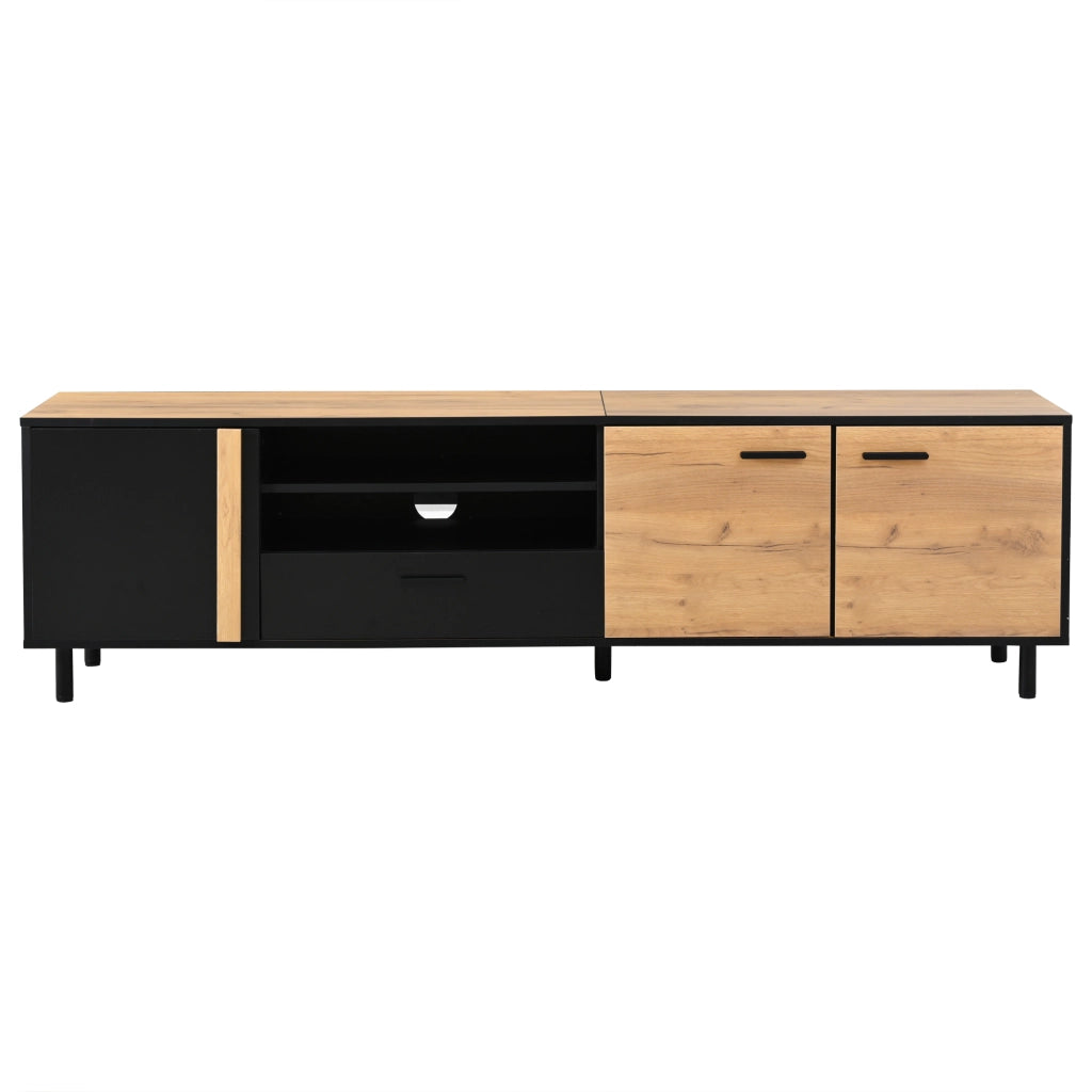 Cassettiera TV nero e finitura legno; in truciolare; lunghezza 180 cm
