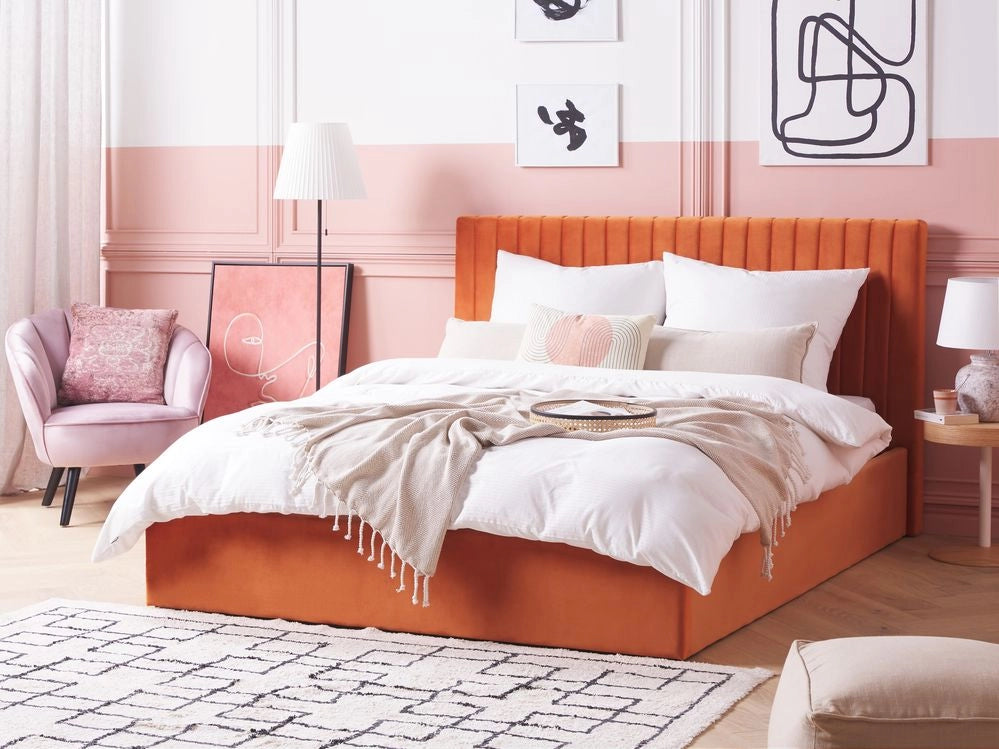 Letto con contenitore velluto arancione 160 x 200 cm Testata imbottita camera da letto elegante