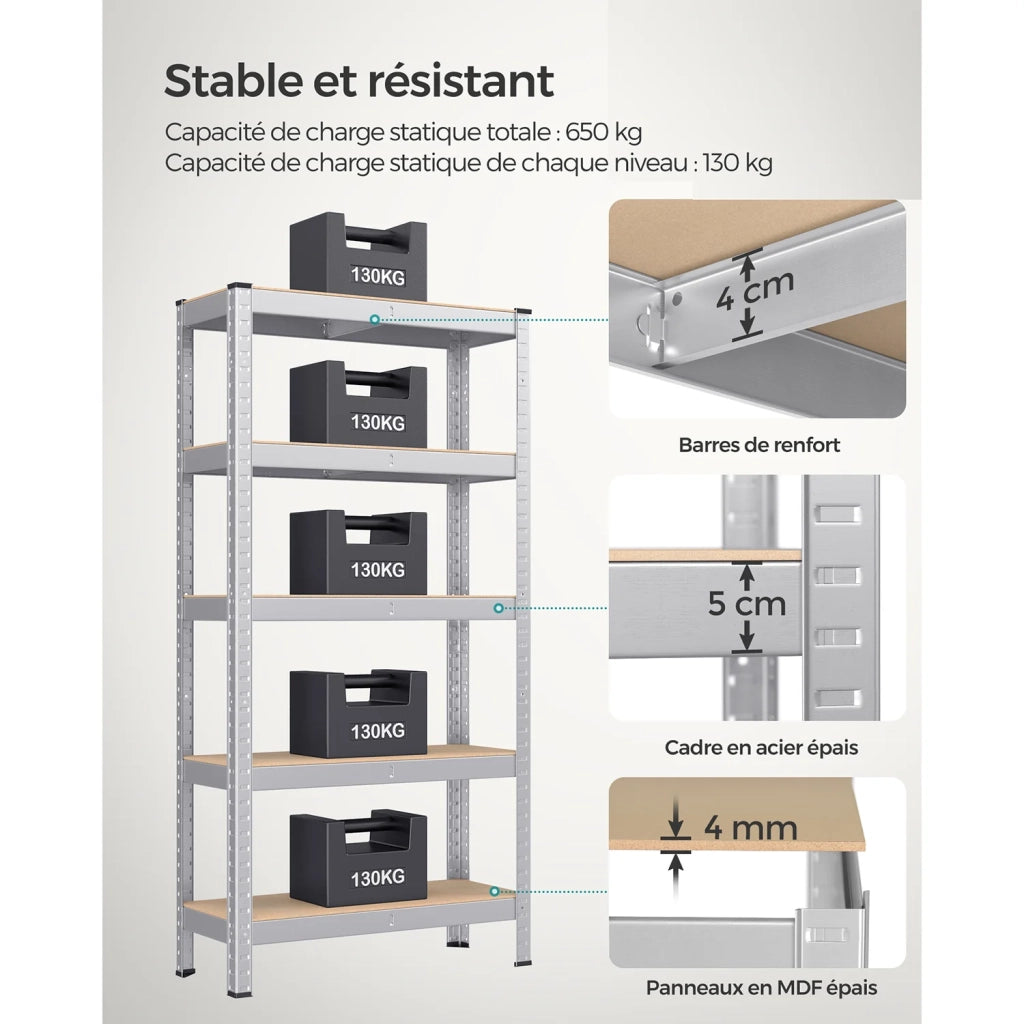 Scaffale robusto a 5 ripiani 150 x 75 x 30 cm portata totale 650 kg (130 kg/ripiano) stile industriale ripiani regolabili per soggiorno/cucina nero e marrone rustico 12_0005444