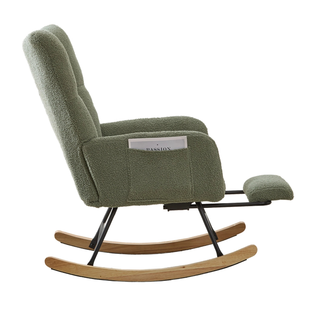 Poltrona a dondolo ergonomica con pouf, schienale avvolgente e braccioli, base in legno, in tessuto teddy verde