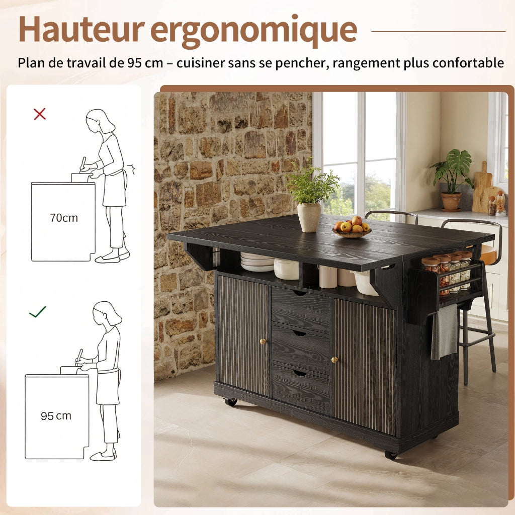 Carrello da cucina con 3 cassetti e ripiani regolabili; 2 allunghe pieghevoli; per cucina e sala da pranzo; in MDF e metallo; nero