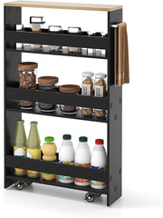 Carrello da Cucina a 4 Ripiani, Carrello in Legno con 4 Ruote Universali, Carrello Scaffale Stretto Salvaspazio con Manico per Bagno, Ufficio, Officina, 47,5 x 20 x 80,5 cm (Nero)