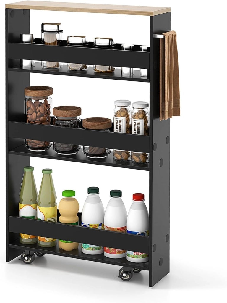 Carrello da Cucina a 4 Ripiani, Carrello in Legno con 4 Ruote Universali, Carrello Scaffale Stretto Salvaspazio con Manico per Bagno, Ufficio, Officina, 47,5 x 20 x 80,5 cm (Nero)