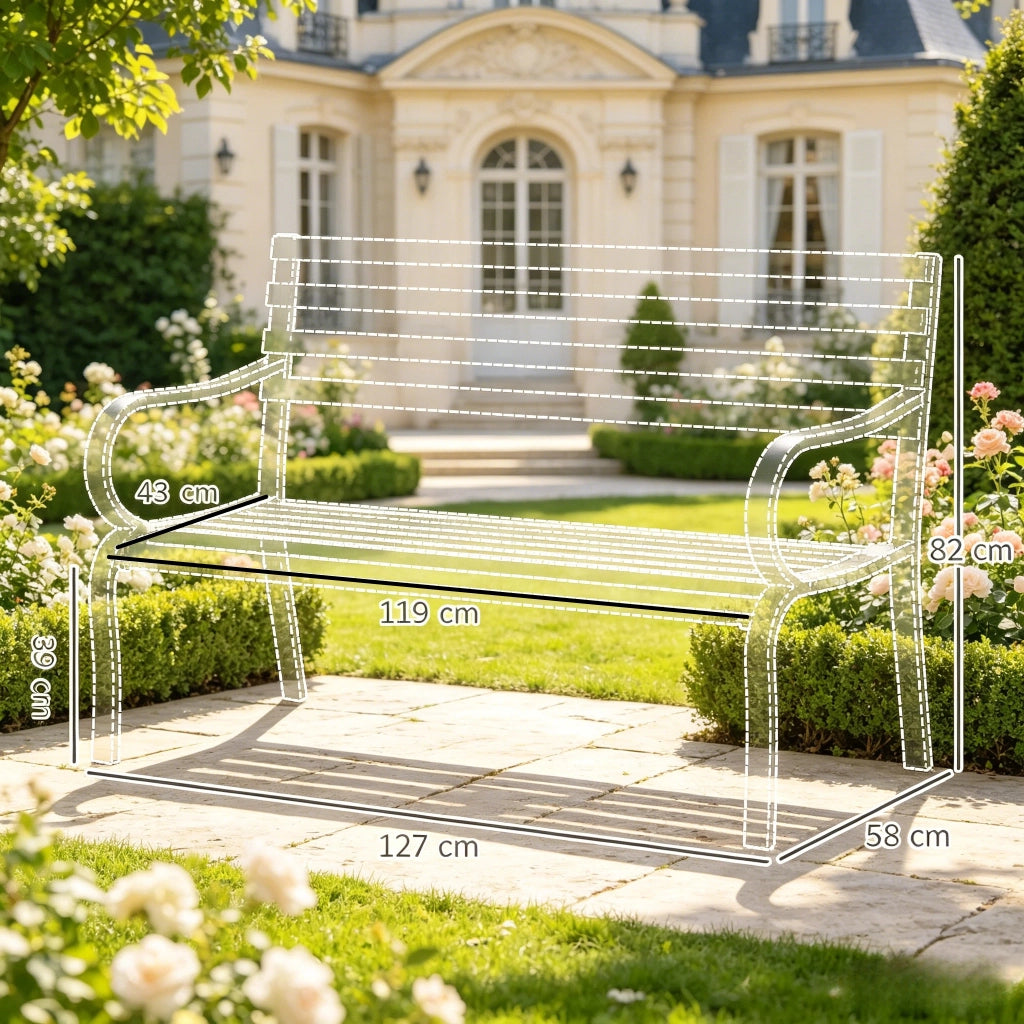 Panchina da giardino in metallo per 2 persone con schienale alto inclinato e braccioli neri per veranda e terrazza