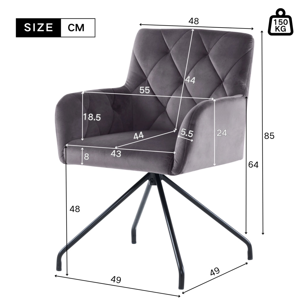Set di 2 sedie imbottite in velluto grigio scuro con braccioli e gambe in metallo