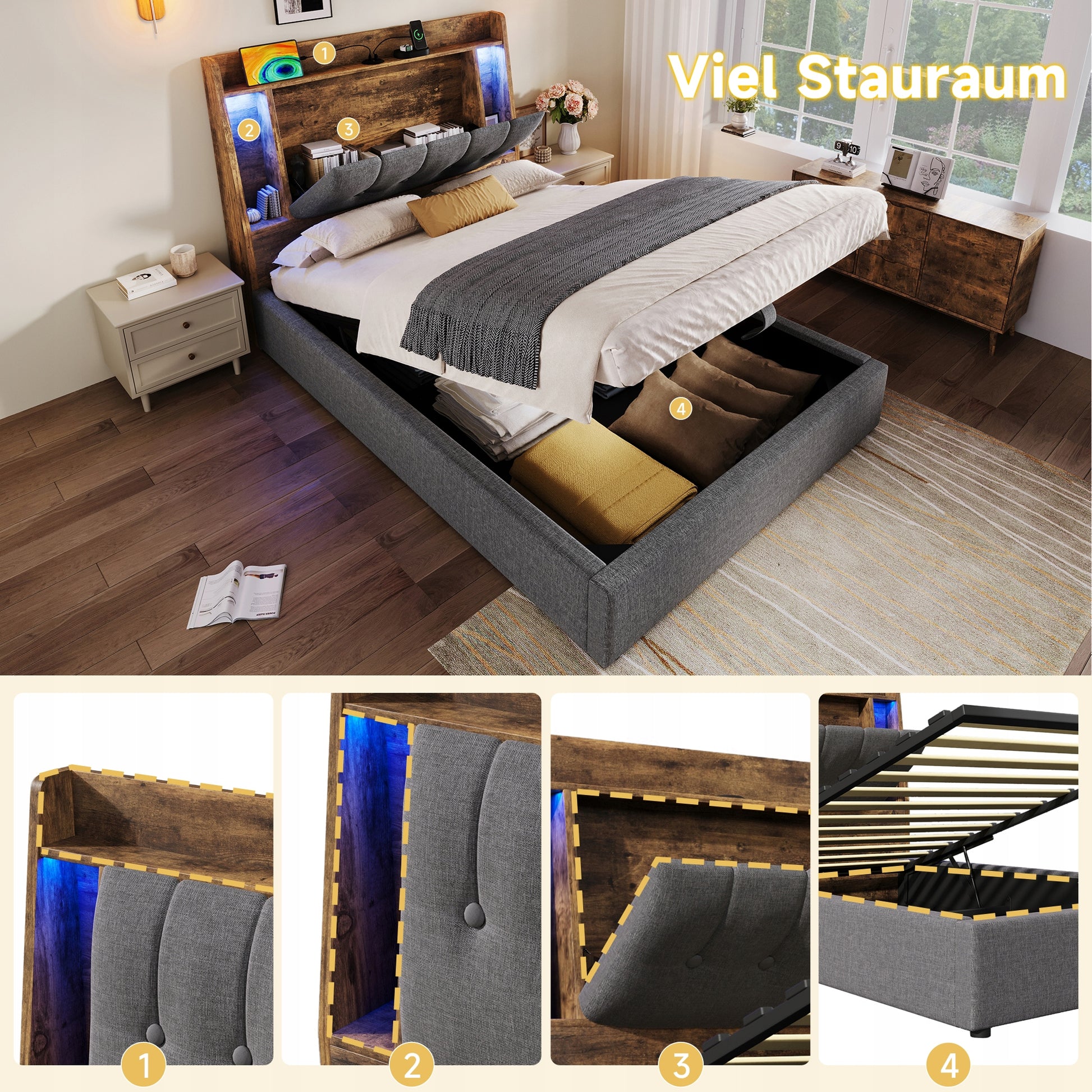 Letto imbottito 90x200 - Xylo - Grigio, struttura sollevabile, USB-C