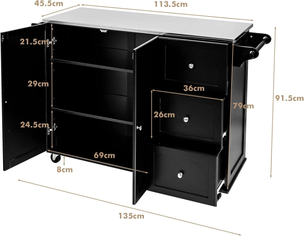 Carrello da cucina con piastra in acciaio inox, armadio da cucina con ruote, isola da cucina mobile con 3 cassetti e ripiani regolabili, carrello da portata in legno, carrello da cucina, 135 x