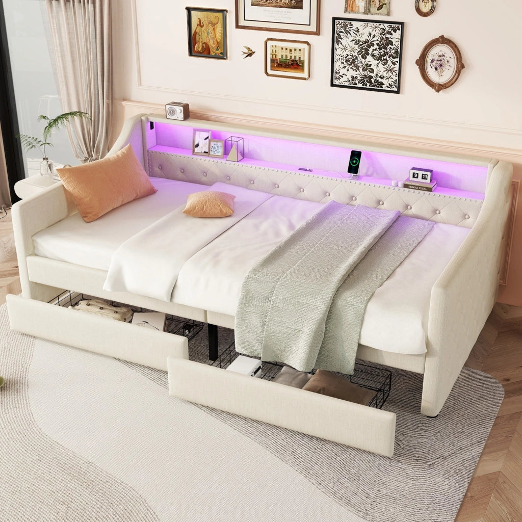 Divano letto 90x200 cm in lino beige con LED, USB e 2 cassetti