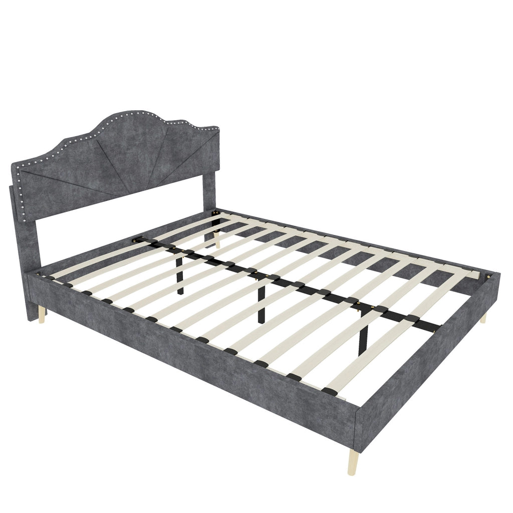 Letto 160x200 cm con testiera geometrica e rete a doghe; tessuto grigio