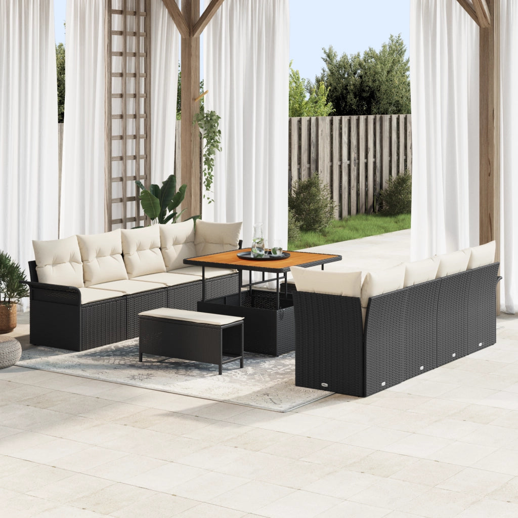 Set Divano da Giardino  con Cuscini Neri in Polyrattan