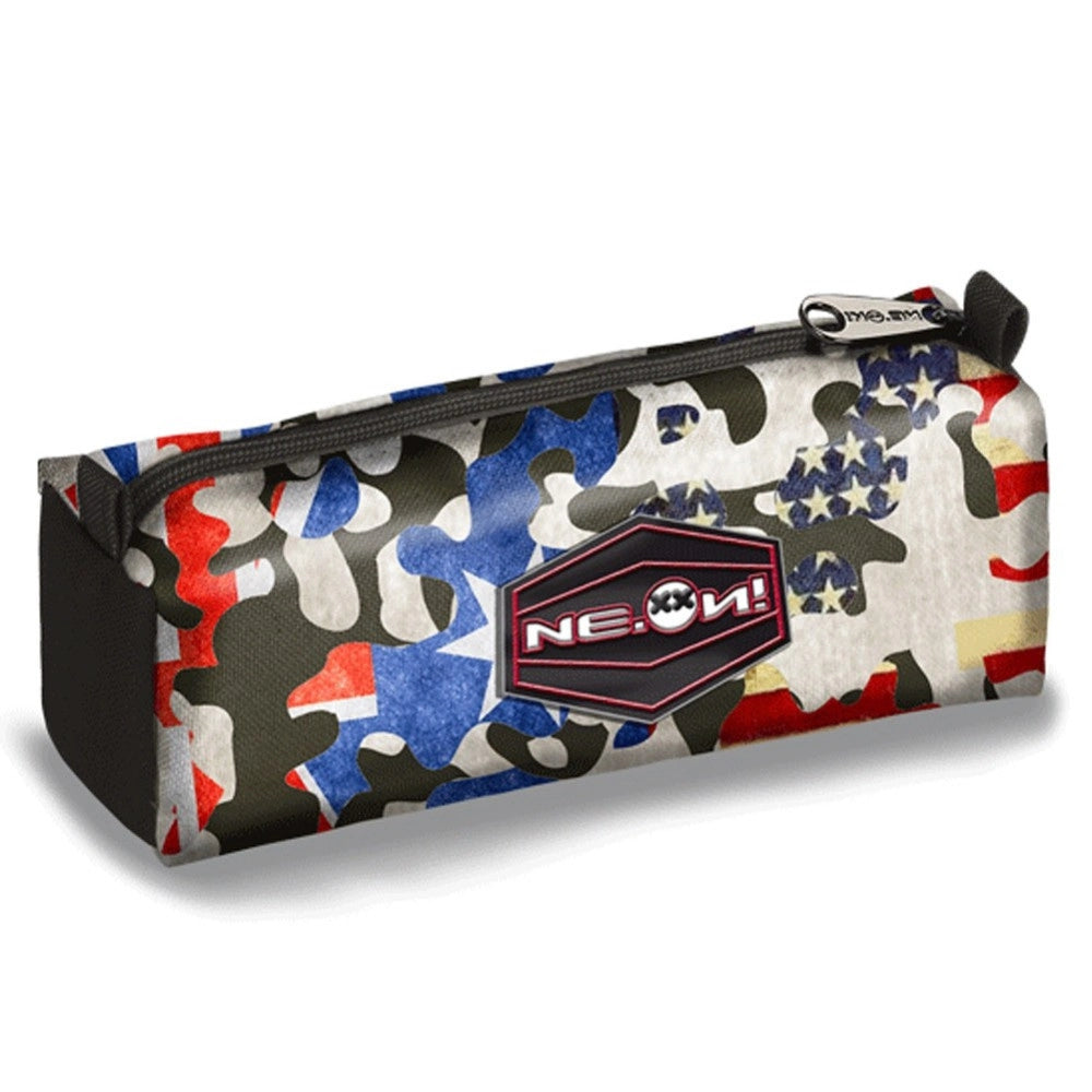 Trade Shop - Astuccio Bauletto Neon Gut Camo Bandiera Americana Singola Zip Scuola Ragazzi -