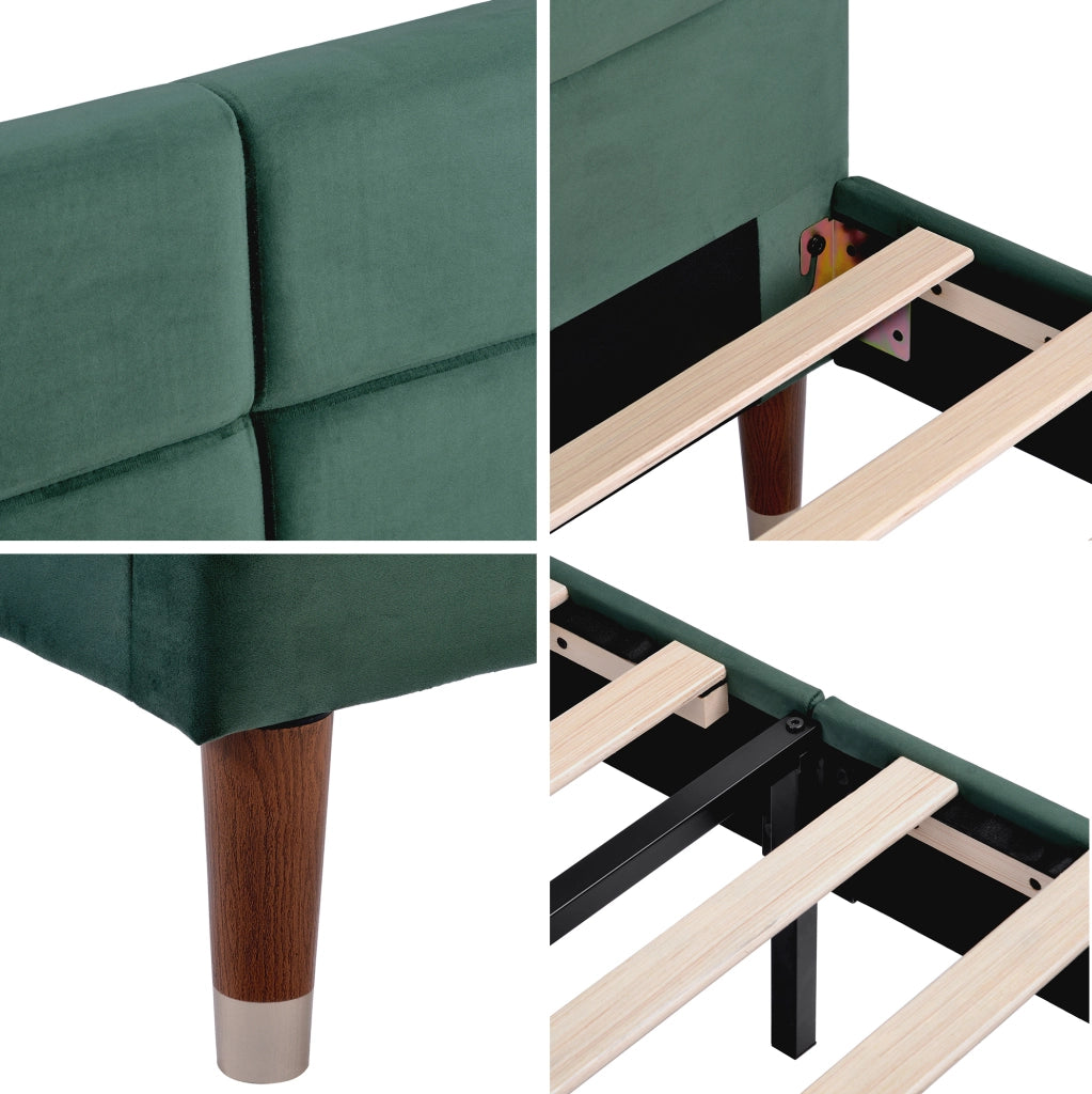 Letto matrimoniale imbottito 140x200 cm in velluto verde con rete a doghe e contenitore sottoletto