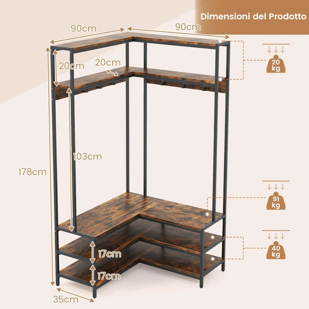 Stand Appendiabiti Angolare, Appendiabiti a Forma L con Ripiani Aperti 7 Ganci e Panca per Scarpe, Struttura in Metallo e Piedini Regolabili, 90x90x178 cm (Marrone industriale)