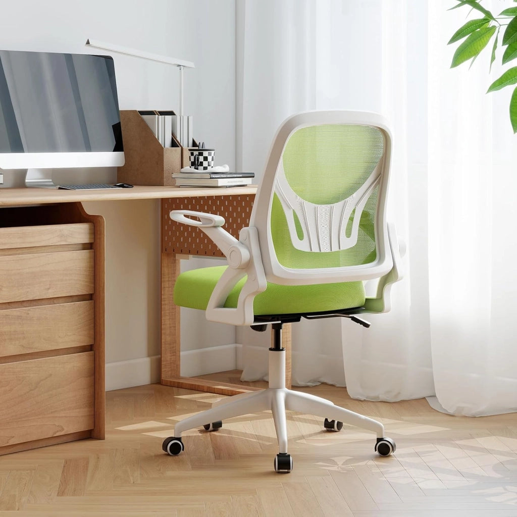Sedia da scrivania ergonomica, sedia da ufficio girevole in rete con ruote, altezza regolabile e braccioli pieghevoli, seduta imbottita, supporto lombare, carico 150 kg (verde)