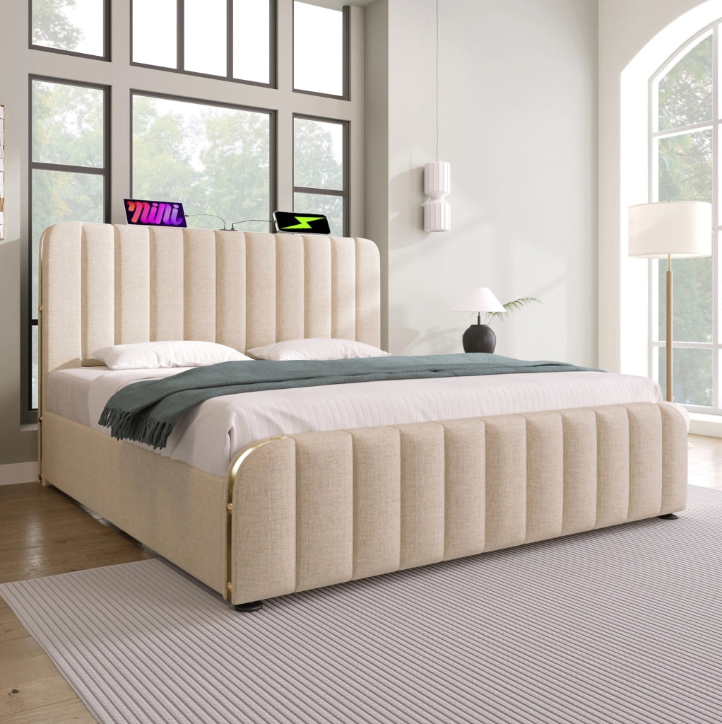 Letto matrimoniale imbottito 160x200 cm in lino beige con contenitore; USB e Type-C