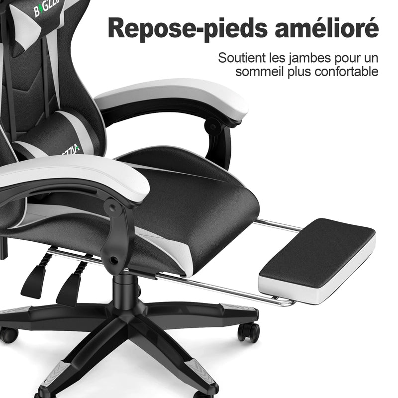 Sedia da gioco,sedia da gioco ergonomica  in similpelle, altezza regolabile,con poggiatesta e supporto lombare, poggiapiedi, nero e bianco