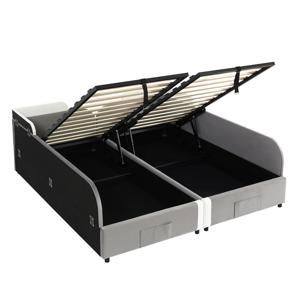 OKWISH Letto Combinato 90×200 cm ×2, Letto Doppio per Bambini con Vano Contenitore Idraulico, Tasca Portaoggetti e Spondina Imbottita, senza Materasso, Grigio