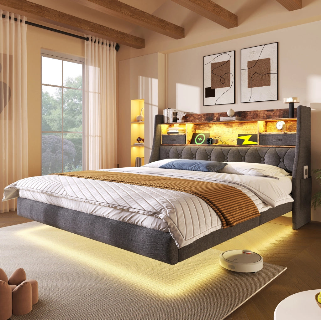 Letto imbottito grigio 160x200 cm con LED, testiera portaoggetti e ricarica USB