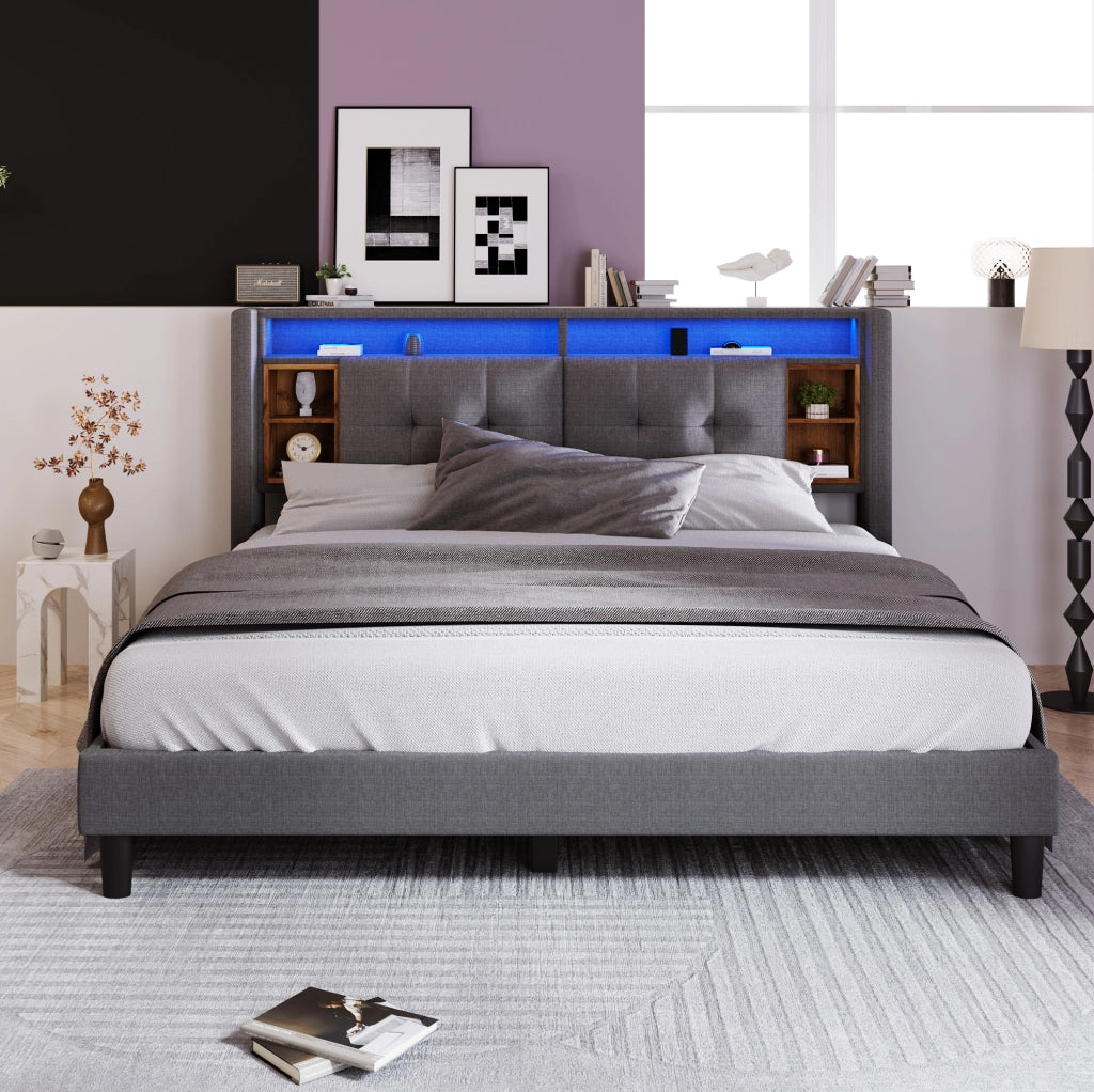 Letto imbottito con testiera contenitore; USB; prese e LED; 140x200 cm; grigio