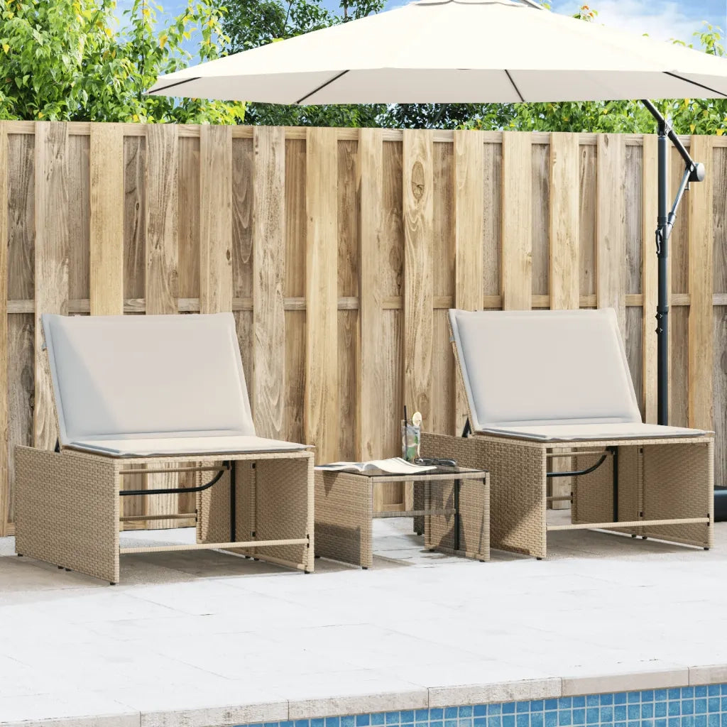 Lettini prendisole 2 pz con tavolo beige in polyrattan 368426