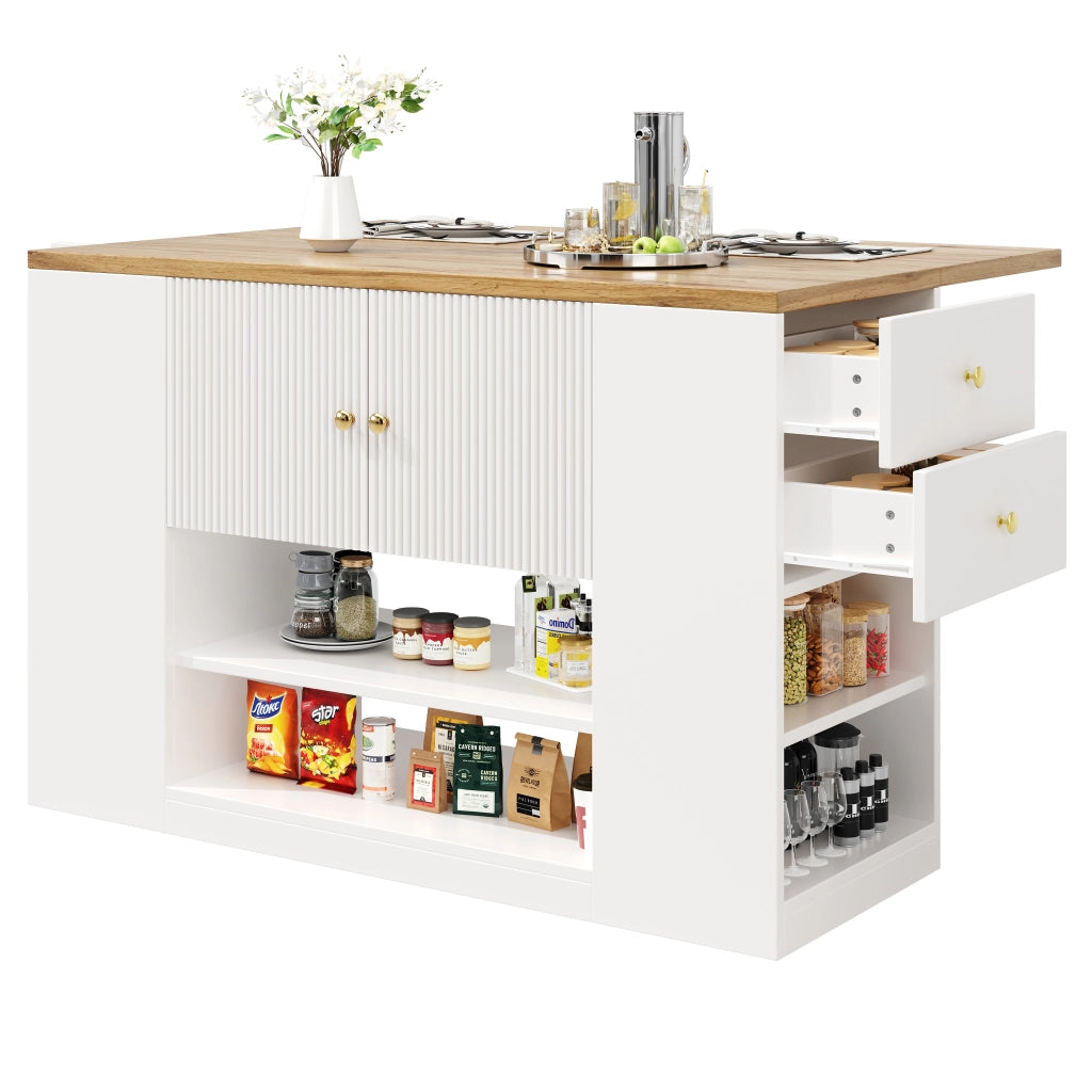 Isola da Cucina con 2 Ante; Cassetti; Ripiani Regolabili e Piano Pieghevole; in MDF e Metallo; Bianco