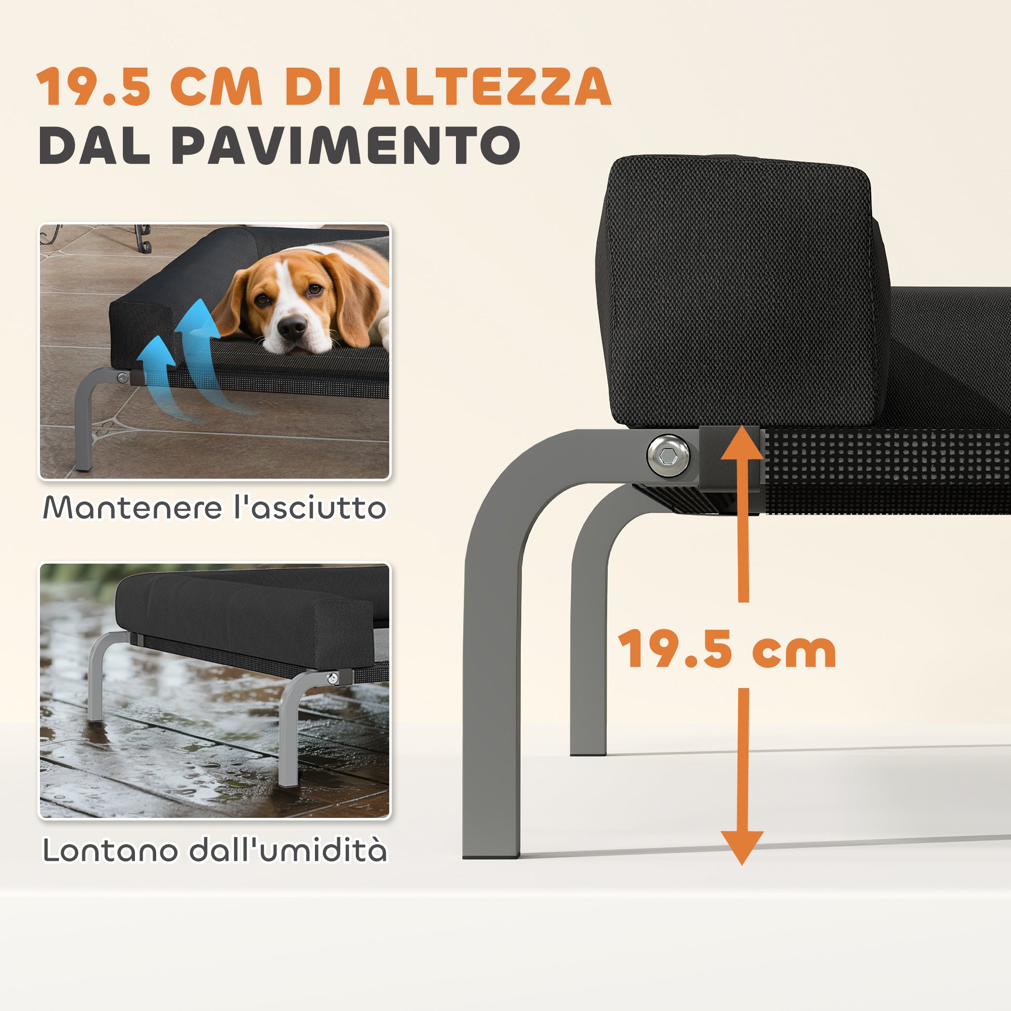 Brandina per Cani Rialzata 110x75x30 cm con Cuscino a U in Tessuto Nero e Argento