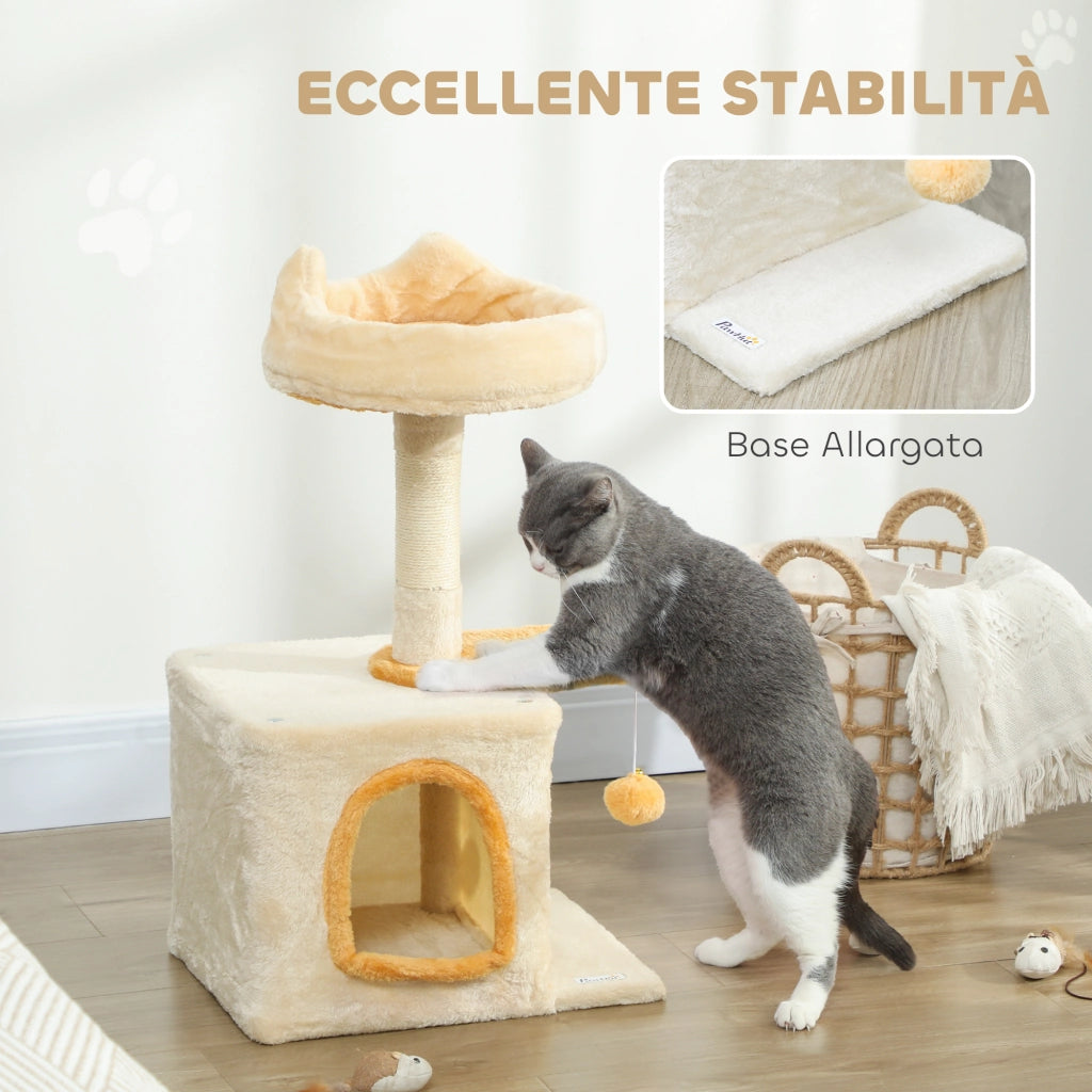 Albero Tiragraffi per Gatti con Cuccia 40x30x72cm in Sisal e Peluche Beige Giallo
