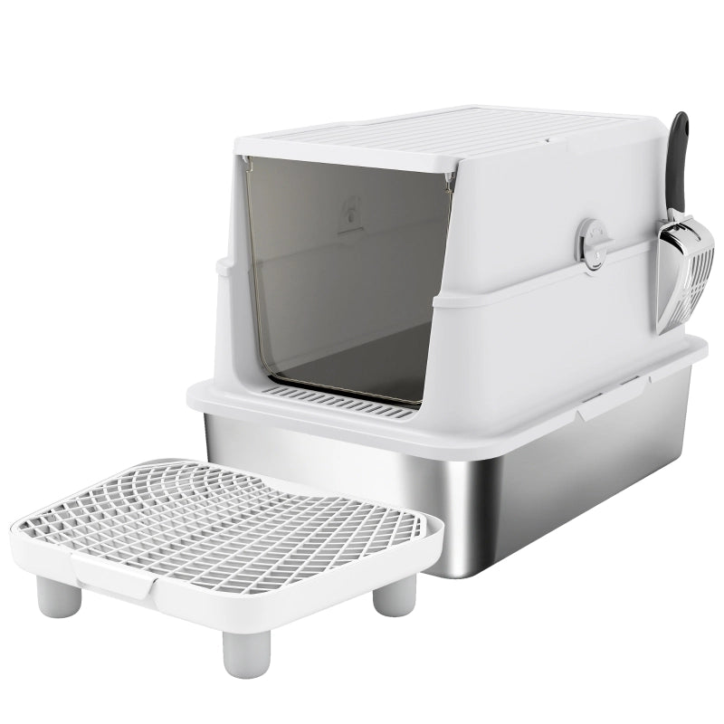Lettiera per gatti, in acciaio inox, interno XL, con paletta, grigio chiaro