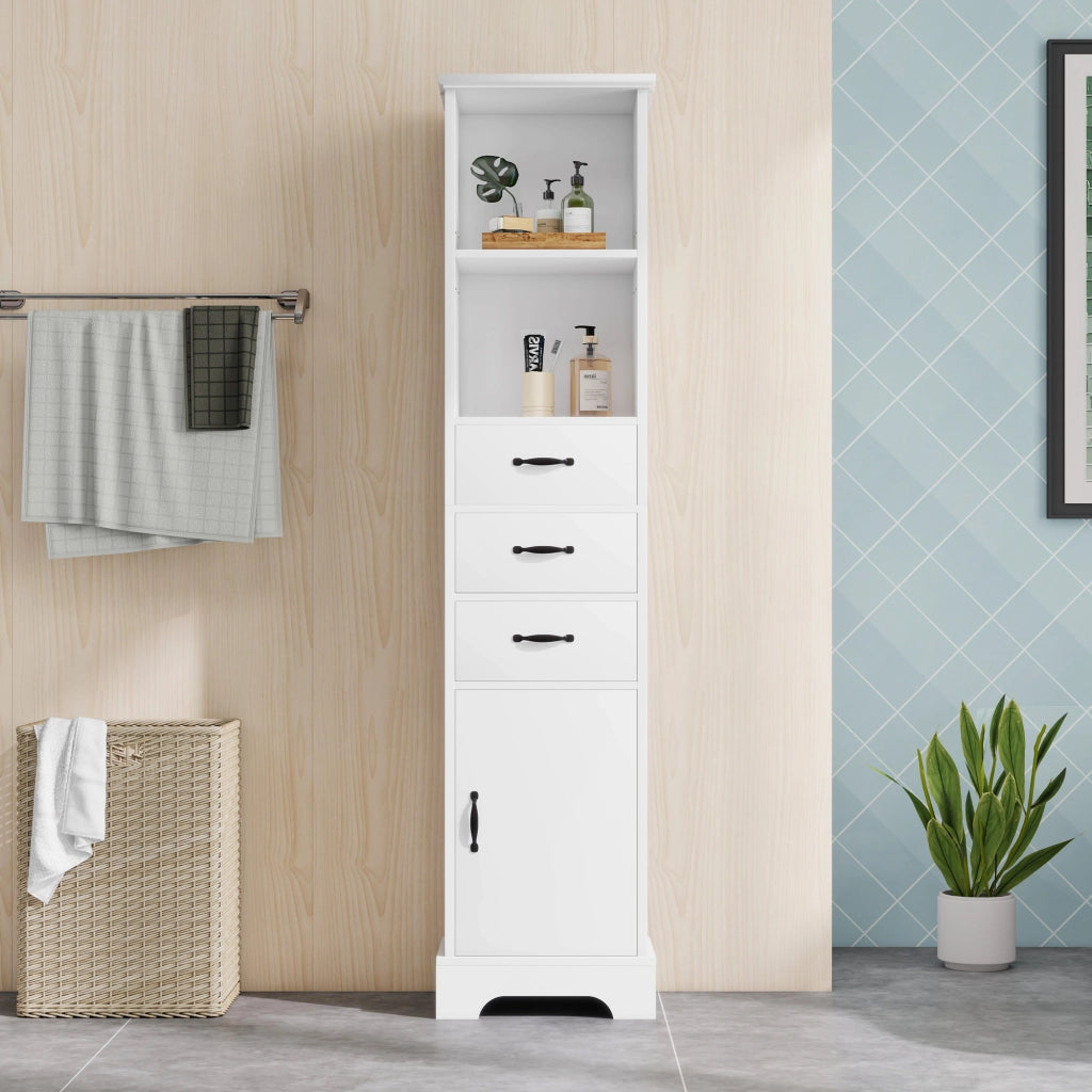 Armadietto da bagno con 3 cassetti, vani aperti e ripiano regolabile in MDF laccato, bianco, 38 × 26 × 172,5 cm