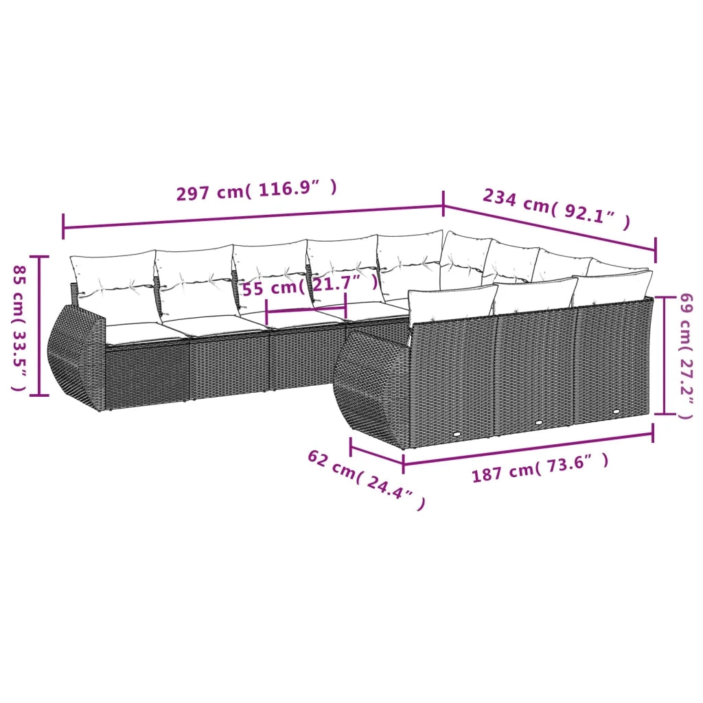 Set Divani da Giardino 10 pz con Cuscini Nero in Polyrattan 3221886
