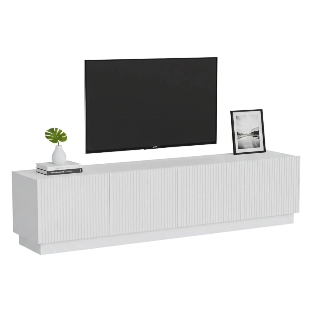 Mobile porta TV Macherio, Madia da salotto con quattro ante battenti, Design minimal e moderno, 200x40 h48 cm, Bianco