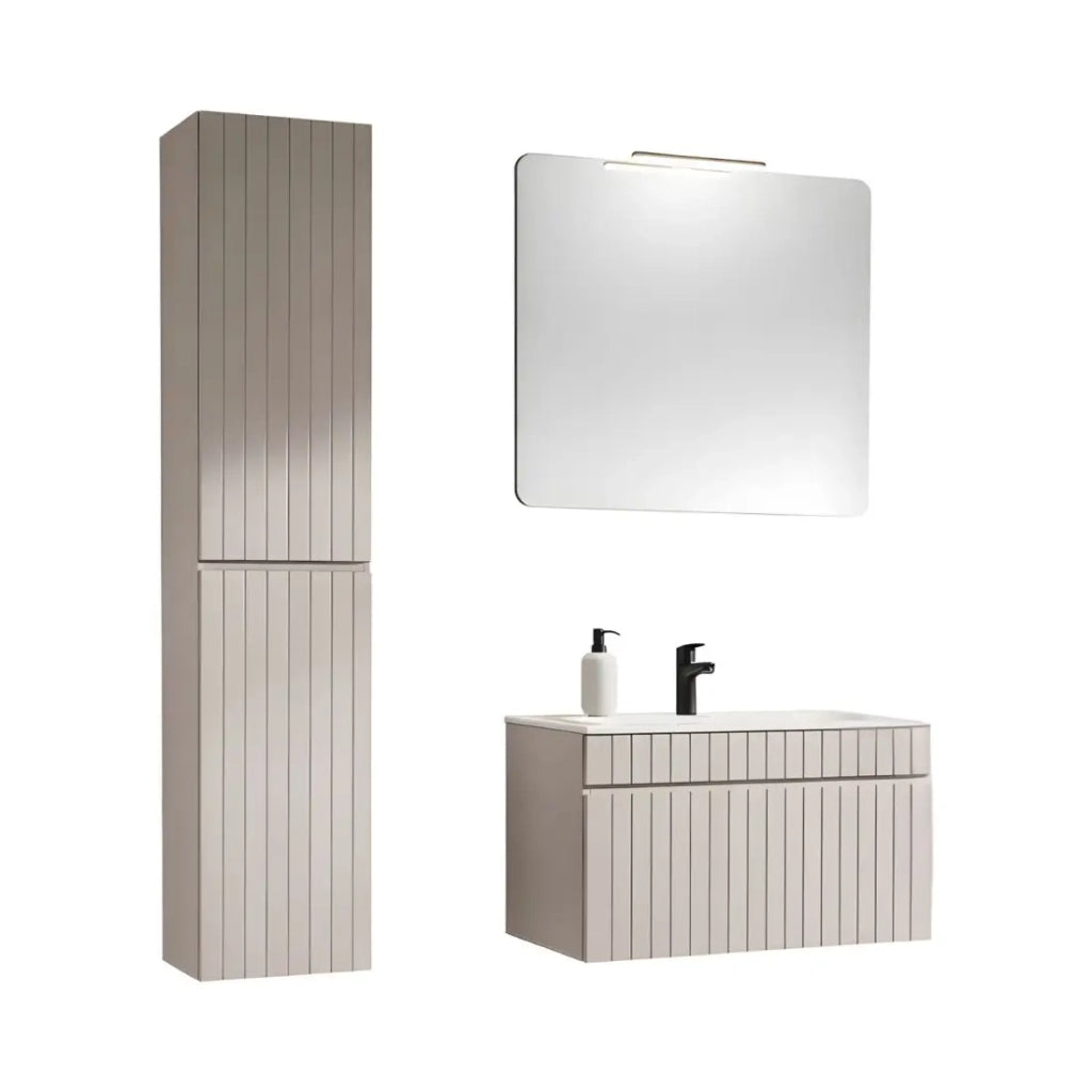 Set ICON: mobile sottolavabo 80cm + lavabo da incasso bianco + specchio + lampada LED + colonna