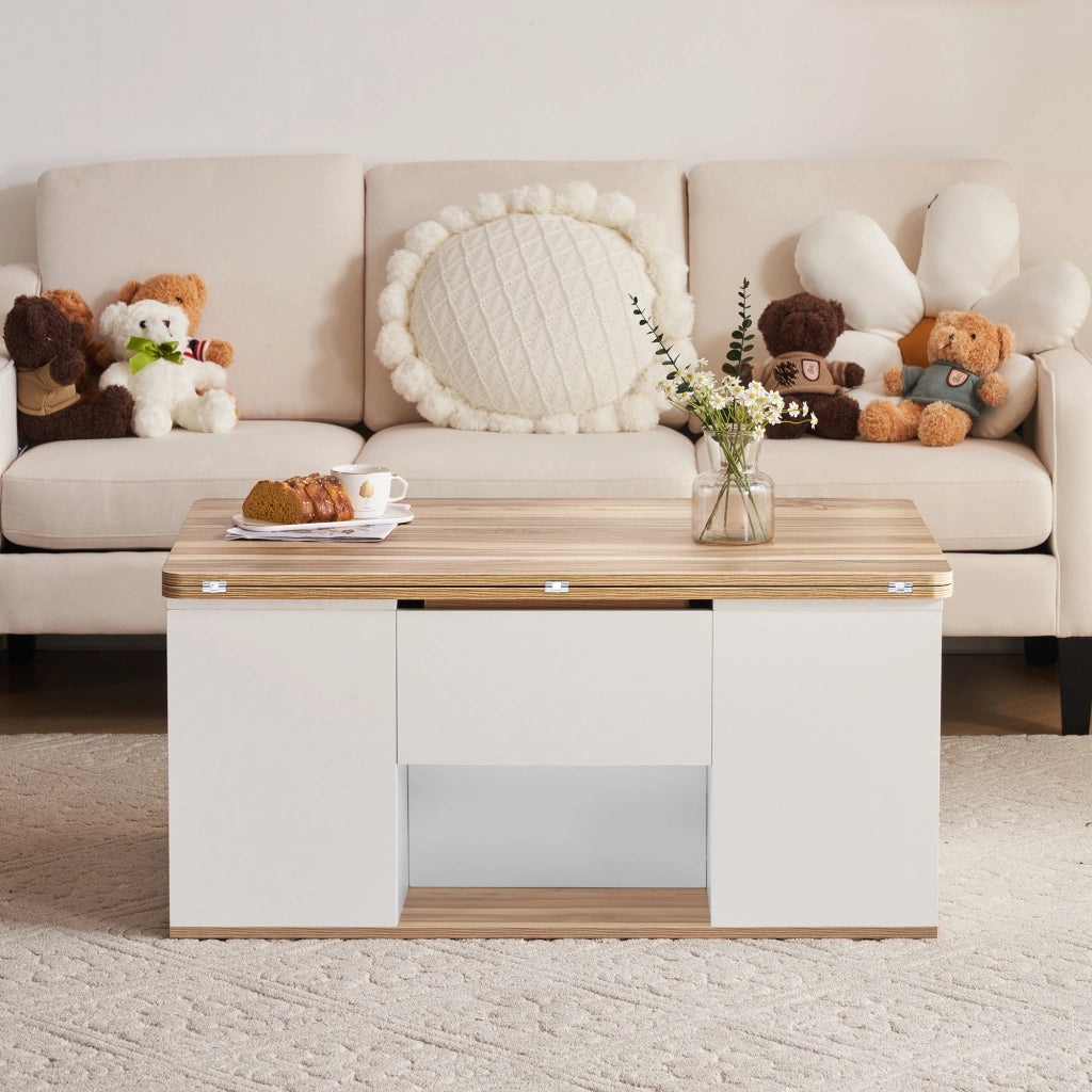 Tavolino da caffè con piano alzabile; 2 cassetti e vani - 100x51x47 cm - bianco
