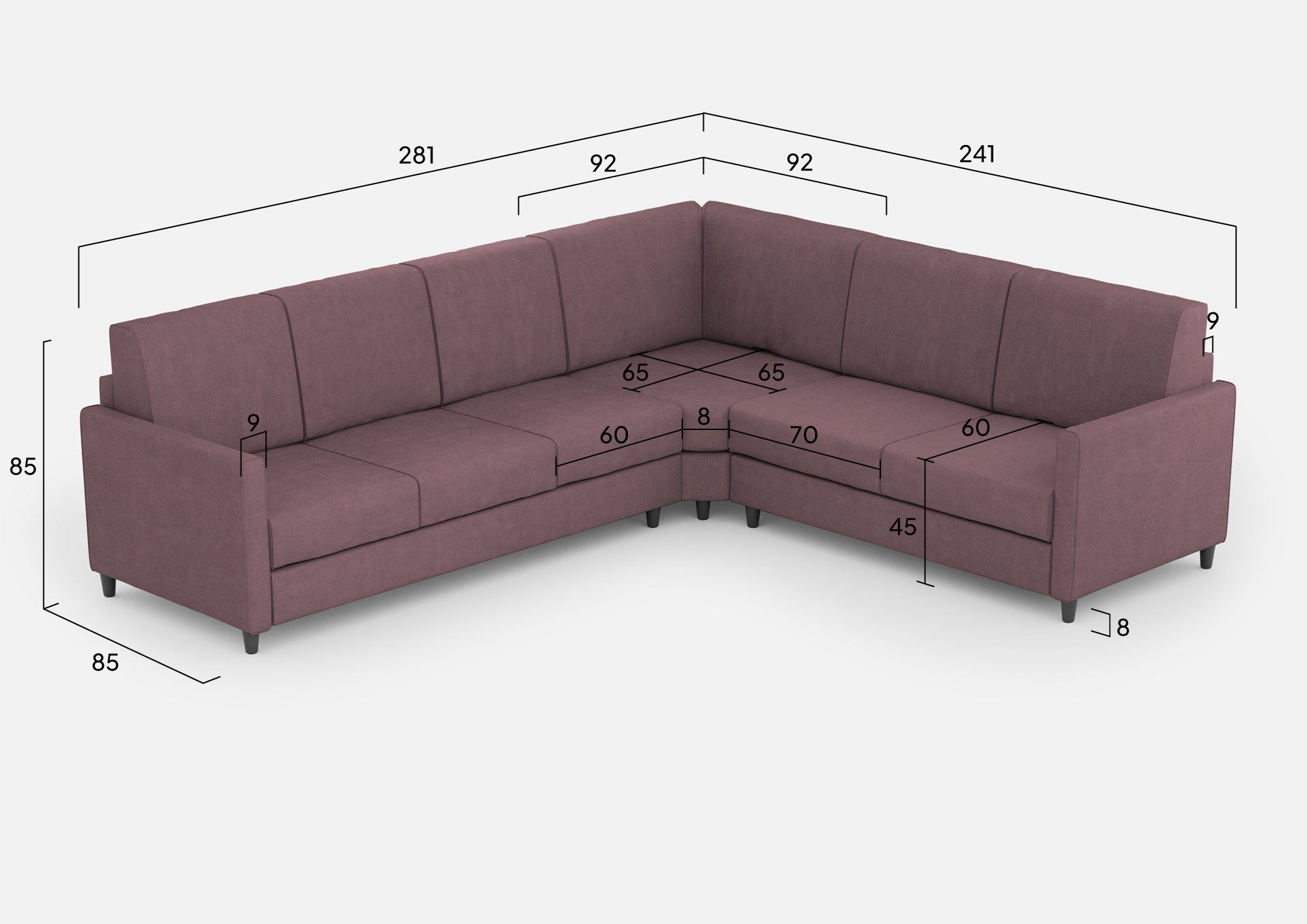 Divano Angolare 6 Posti 281x241x85 cm Karay in Tessuto Prugna