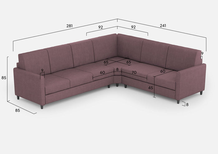 Divano Angolare 6 Posti 281x241x85 cm Karay in Tessuto Prugna