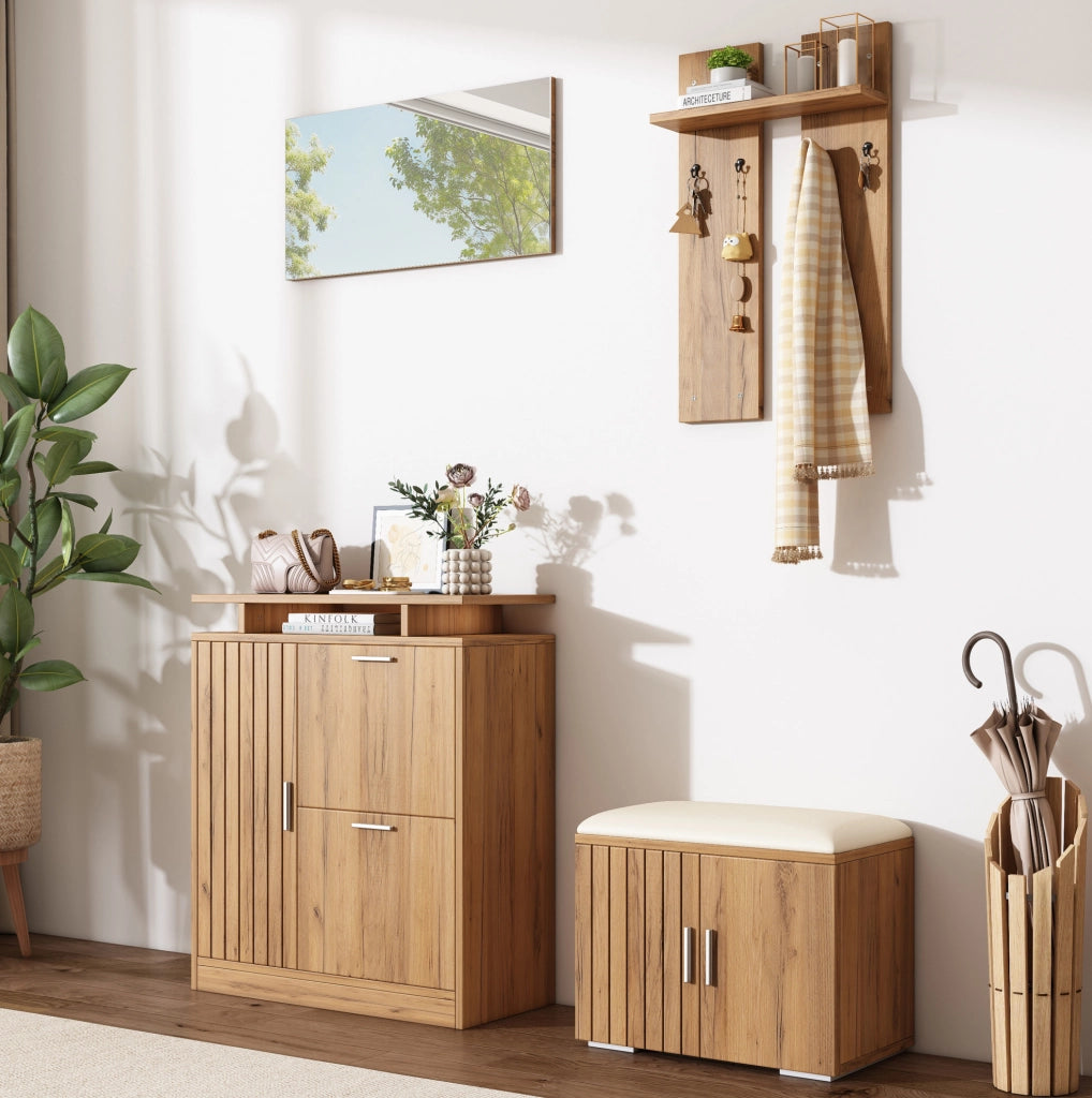 Set ingresso con scarpiera; panca; specchio e ganci; 140x35x133 cm; effetto legno naturale