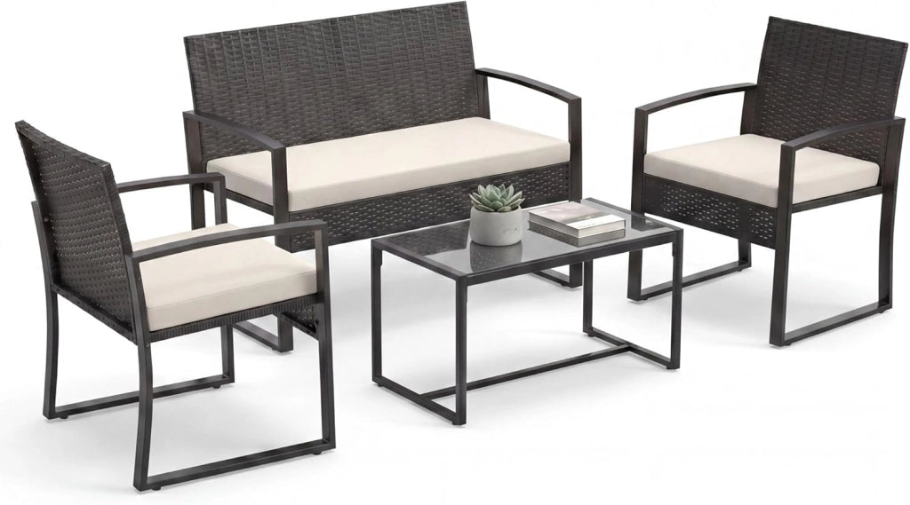 Set di Salotto da Esterno in Rattan PE, Mobili da Giardino con Divano 2 Posti, 2 Poltrone, Tavolino in Vetro Temperato e Cuscini Morbidi, Set Salottino per Terrazza, Balcone, Piscina (Grigio)
