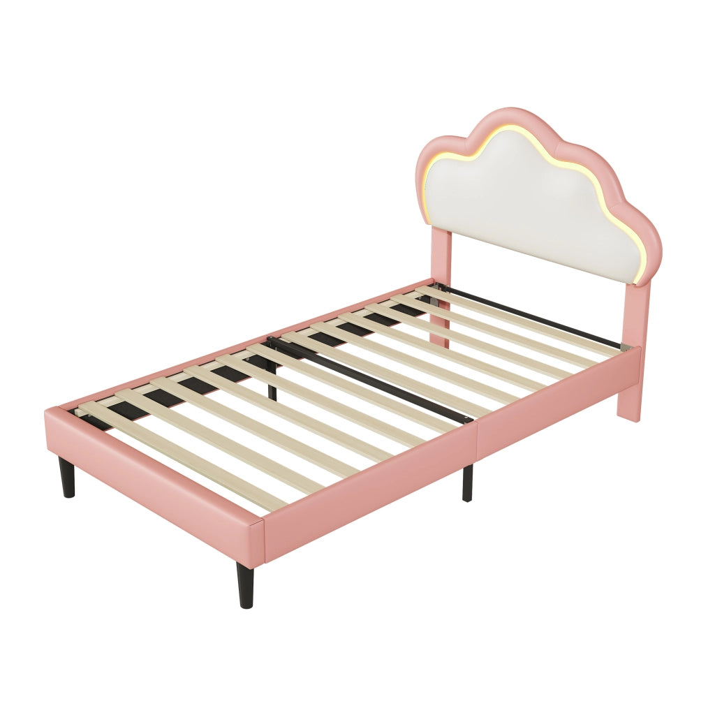 Letto per bambini 90x200cm con testiera a nuvola regolabile, rivestimento ecopelle rosa, luci RGB LED, telecomando e app, struttura robusta per camera da letto