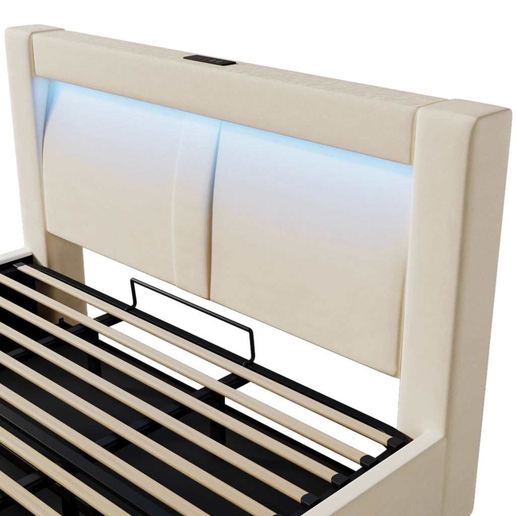 LETTO matrimoniale 180x200 cm con contenitore, LED, USB e Type-C, velluto beige