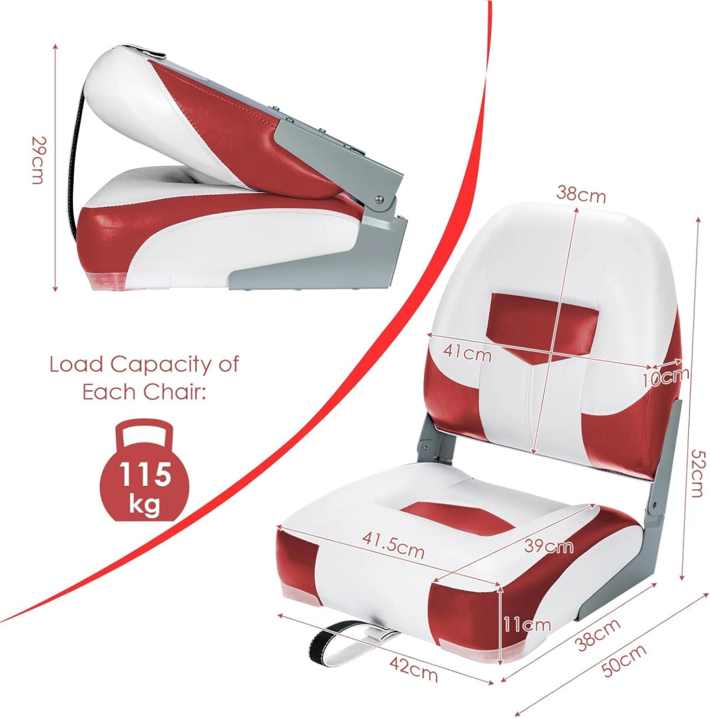 Sedile Barca con Schienale Pieghevole, Sedia da Barca Ergonomica in PVC e PP, Portata Fino a 110 kg, 50x52x42 cm (Rosso)